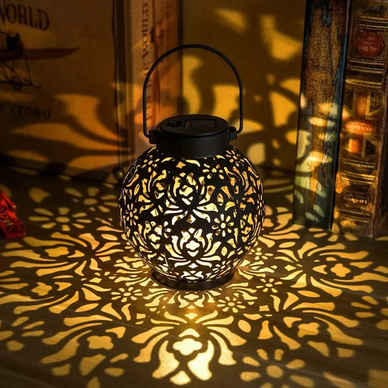 LED Solar Lantern Light Hollow Wrought Iron Projection