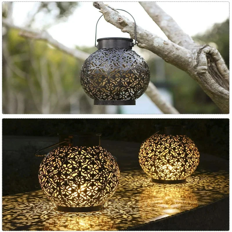 LED Solar Lantern Light Hollow Wrought Iron Projection