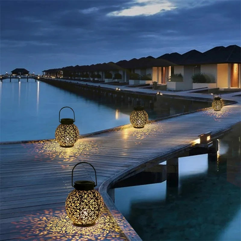 LED Solar Lantern Light Hollow Wrought Iron Projection