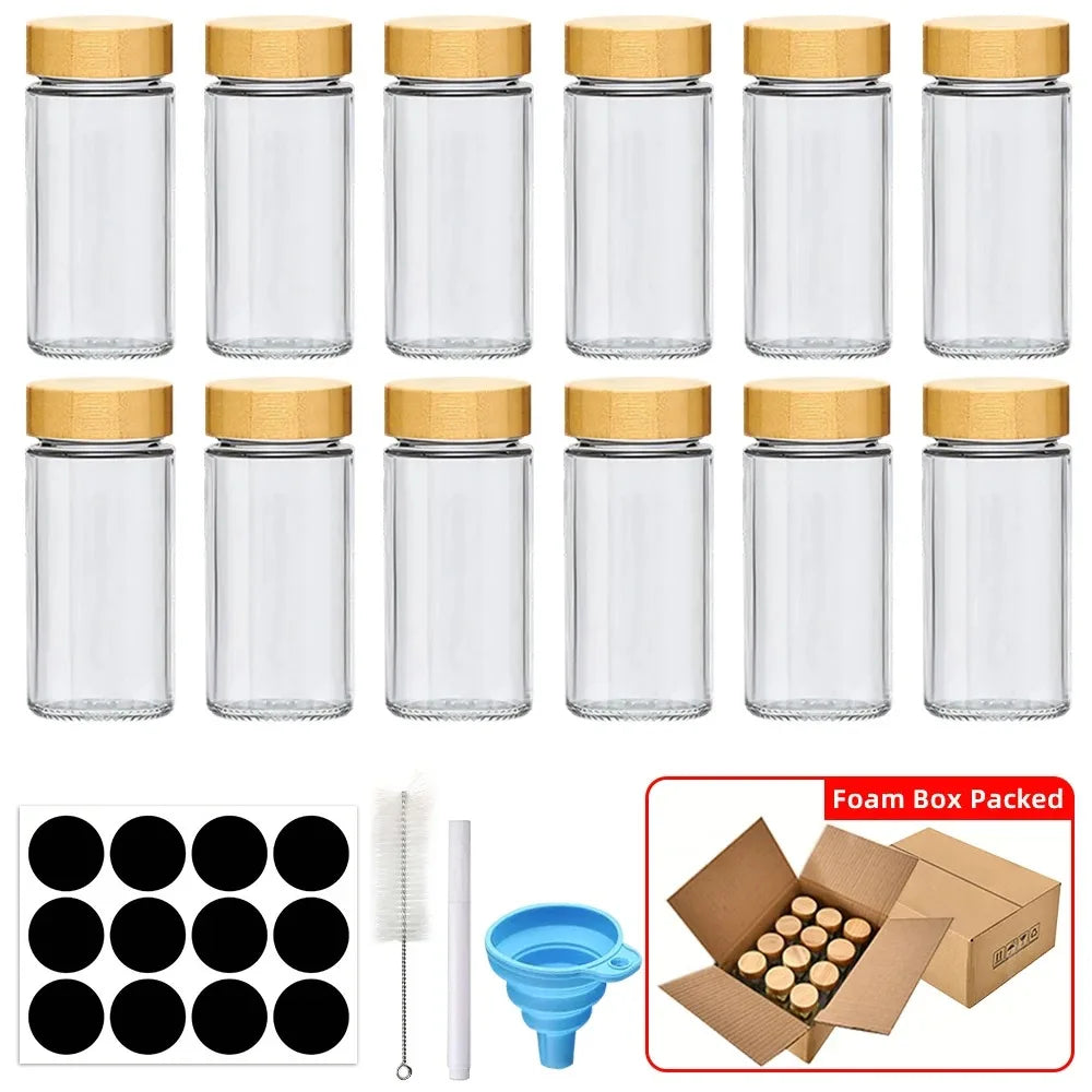 12 pcs Glass Spice Jars with Bamboo