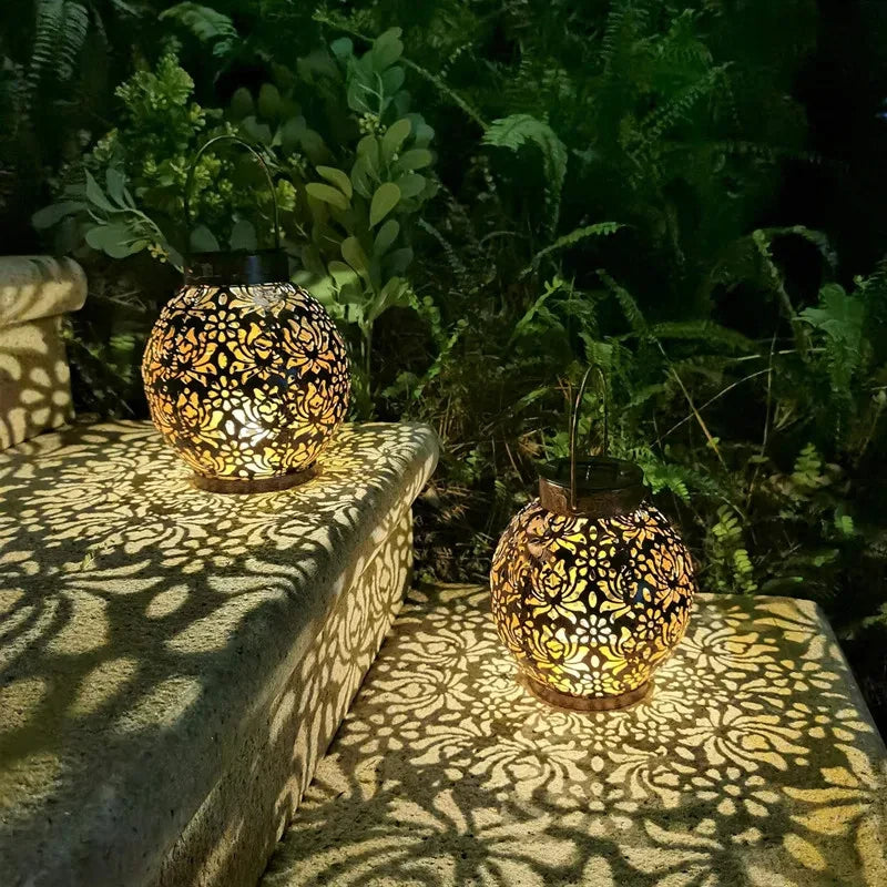 LED Solar Lantern Light Hollow Wrought Iron Projection