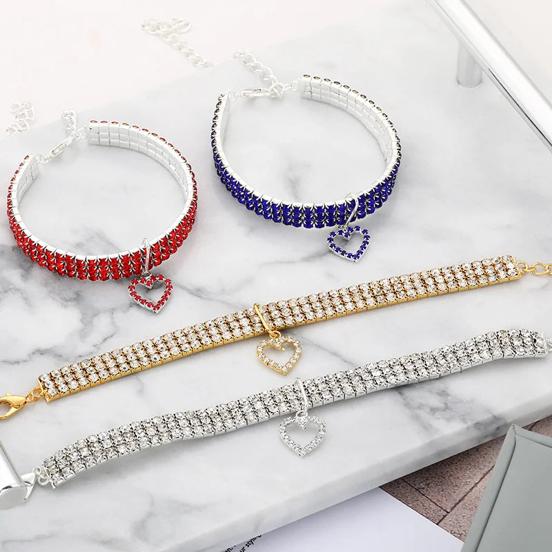 New Cat Dog Collar Three Row Elastic Rhinestone Pet Collars